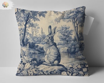 Toile de Jouy Rabbit Pillow, Vintage Inspired Blue and White Decorative Pillow, Classic French Countryside Home Accessory