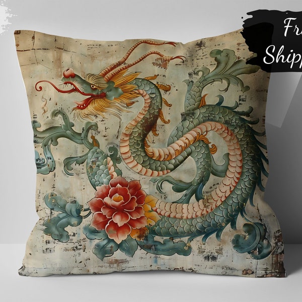 Chinoiserie Dragon and Lotus Decorative Pillow, Vintage Asian Art Throw Cushion, Oriental Style Home Decor, Unique Couch Accessory