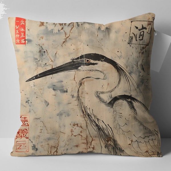 Japanese Art Heron Pillow, Japandi Decor, Elegant Mom Gift, Vintage Style Bird Illustration, Unique Home Decor Accent