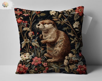 Cuscino ricamato Otter ispirato a William Morris, cuscino decorativo floreale naturale, accento artistico per la casa