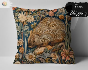 William Morris Print Hedgehog Cushion, Vintage Style Floral Nature Inspired Decorative Pillow, Unique Home Decor Gift