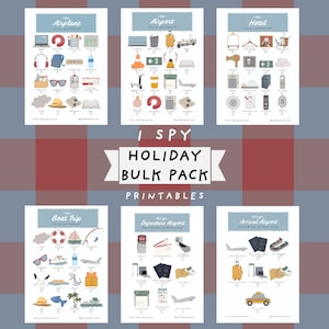 May include: Five printable "I Spy" game cards featuring illustrations of items related to travel and holidays. The cards are titled "Airplane", "Airport", "Hotel", "Boat Trip", "Departure Airport", and "Arrival Airport".