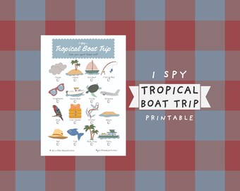 iSpy トロピカル ボート トリップ 宝探しゲーム ~ 子供と大人向けの印刷可能な旅行アクティビティ