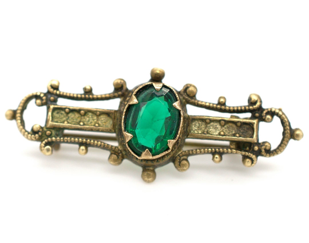 Broche Renaissance Victorienne Signée Sadie Green Cristal Turquoise - Occasion, Plaqué Or