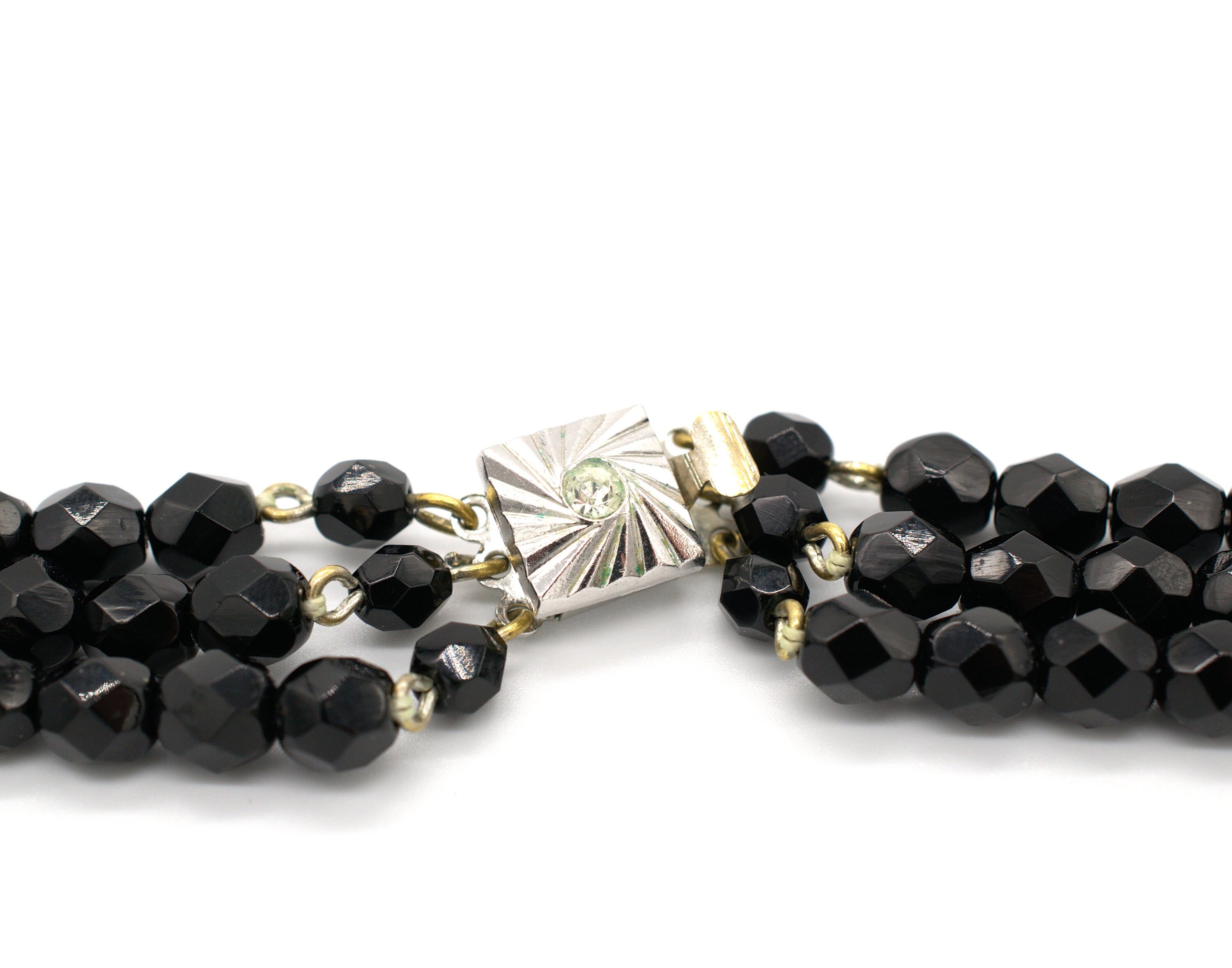 Collier Ancien Art Déco En Perles De Jais Facettées - 3 Rangs En Chute - Occasion Très Bon état