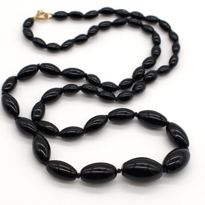 Art Deco Beaded Polished Black Onyx Glass Graduated Necklace