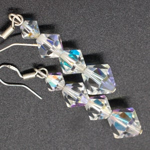 Vintage Retro 925 Silver Czech Art Deco Aurora Borealis Bicone 3-tier Long Drop Earrings