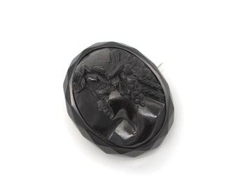 Antique Victorian Mourning Whitby Jet Portrait Of A Woman With Grape Vine 19th Century