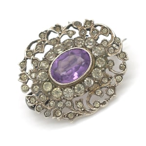 Antique Edwardian  Amethyst and Diamond Paste Edwardian 800 Silver Brooch