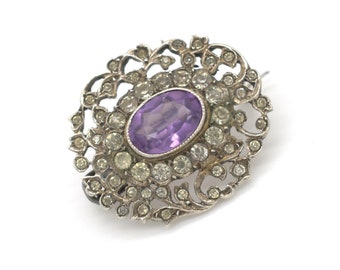 Antique Edwardian  Amethyst and Diamond Paste Edwardian 800 Silver Brooch