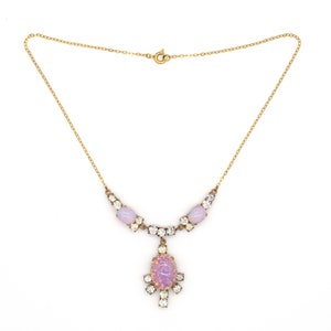 Antique Art Deco Lavalier Dragons Breath Faux Opal Glass Chocker Princess Necklace With Diamond Paste And Gold Tone Chain