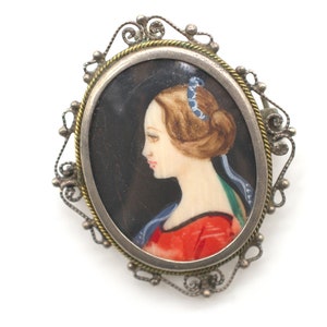 Antique Hand Painted Oval Brooch Or Pendant Portrait Of A Lady in Red Dress 800 Silver