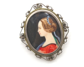 Antique Hand Painted Oval Brooch Or Pendant Portrait Of A Lady in Red Dress 800 Silver