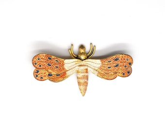 Antique Art Deco Intricate Spanish Dragonfly Brooch Gold Tone With Orange Enamel