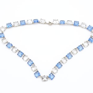 Charming Antique 800 Silver Art Deco Riviere Clear and Blue Square Paste Choker Necklace Silver Tone Open Back Wedding Bridal