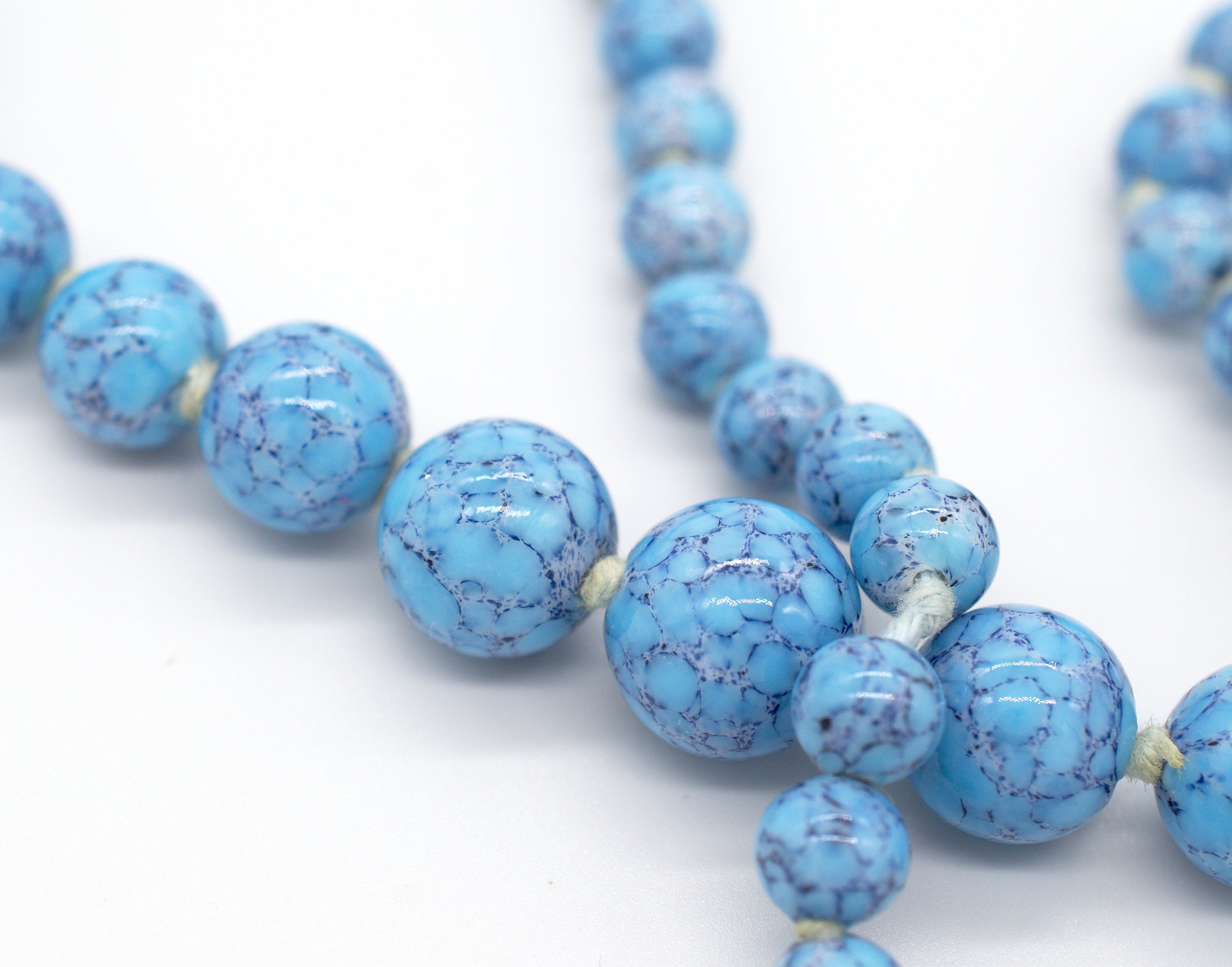 Collier Ancien Perles Pâte De Verre Bleu/vert - Bijou Vintage Fermoir Vis - 552