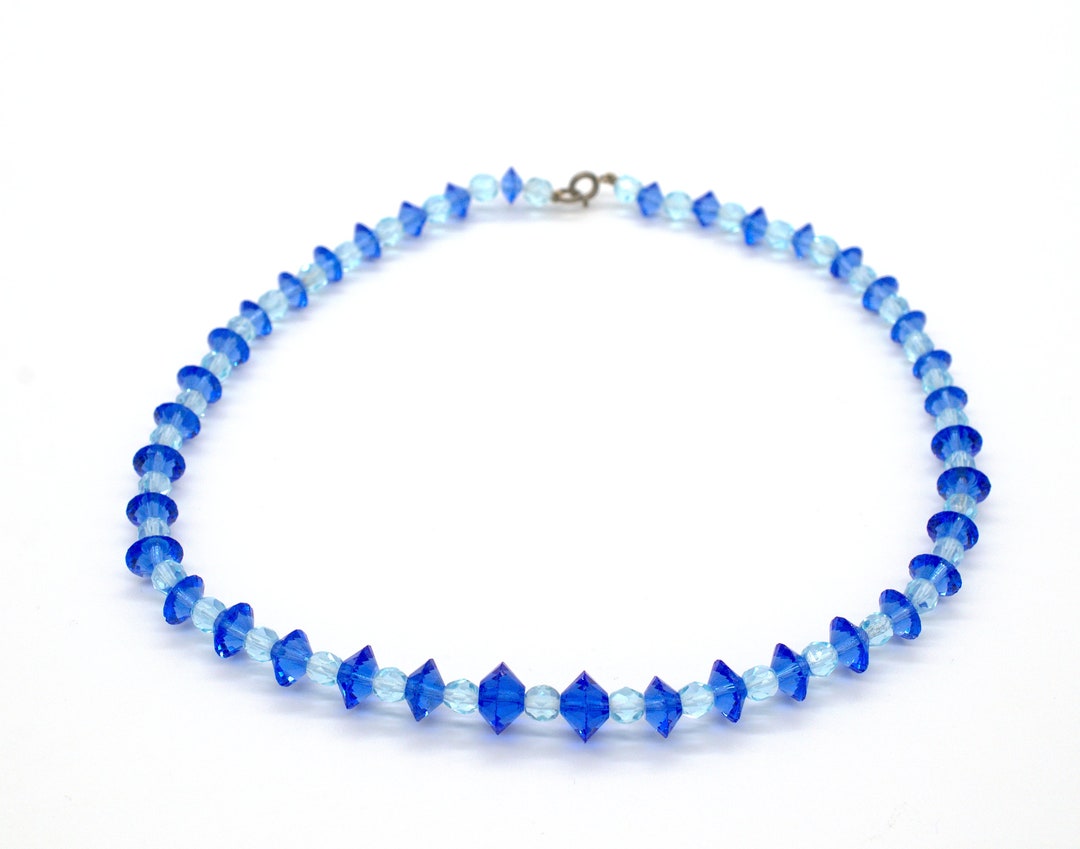 Ancien Tres Beau Collier Maille Perle Boule De Verre Bleu