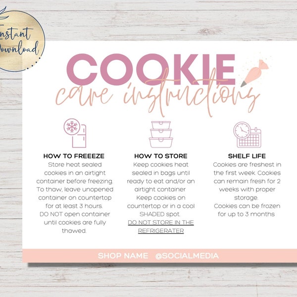 Editable Cookie Care Instructions Template | Cookie Storage Card | Canva Template | Small Business | Package Insert | Customizable Card