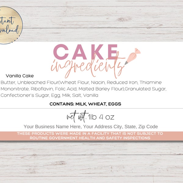 Editable Ingredients Label Template | Cottage Food Law Label | Canva Template | Cake Business | Printable Food Label | Cake Ingredients