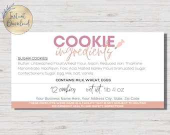 Modello di etichetta per ingredienti modificabili/Etichetta per la legislazione alimentare cottage/Modello di tela/Attività di biscotti/Etichetta alimentare stampabile/Ingredienti per biscotti