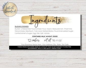 Etichetta alimentare cottage modificabile / Etichetta ingredienti / Modello Canva / Cookie Business / Etichetta alimentare stampabile / Ingredienti per biscotti personalizzati