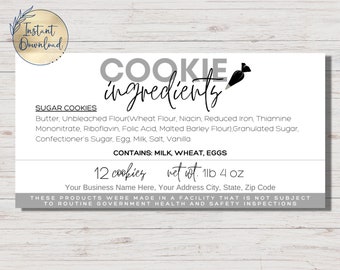 Modello di etichetta per ingredienti modificabili/Etichetta per la legislazione alimentare cottage/Modello di tela/Attività di biscotti/Etichetta alimentare stampabile/Ingredienti per biscotti