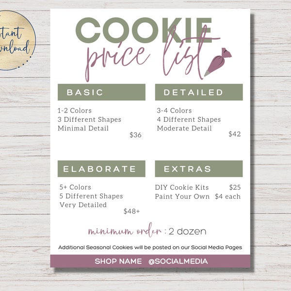 Editable Price List | Sugar Cookie Price list | Canva Template | Cookie Business | Customizable Price List | Personalized Cookie Price List