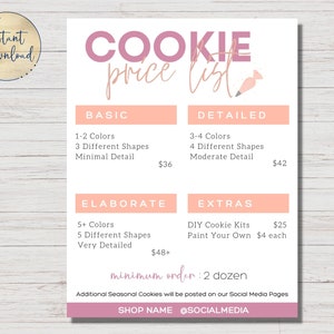 Liste de prix modifiable | Liste de prix des biscuits au sucre | Modèle de toile | Entreprise de cookies | Liste de prix personnalisable | Liste de prix des cookies personnalisés