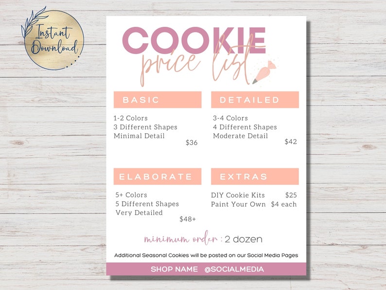 Editable Price List Sugar Cookie Price List Canva Template Cookie