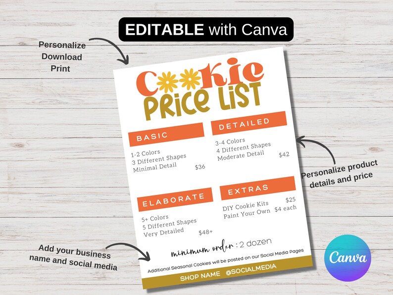 Editable Price List Sugar Cookie Price List Canva Template Cookie Business Customizable Price