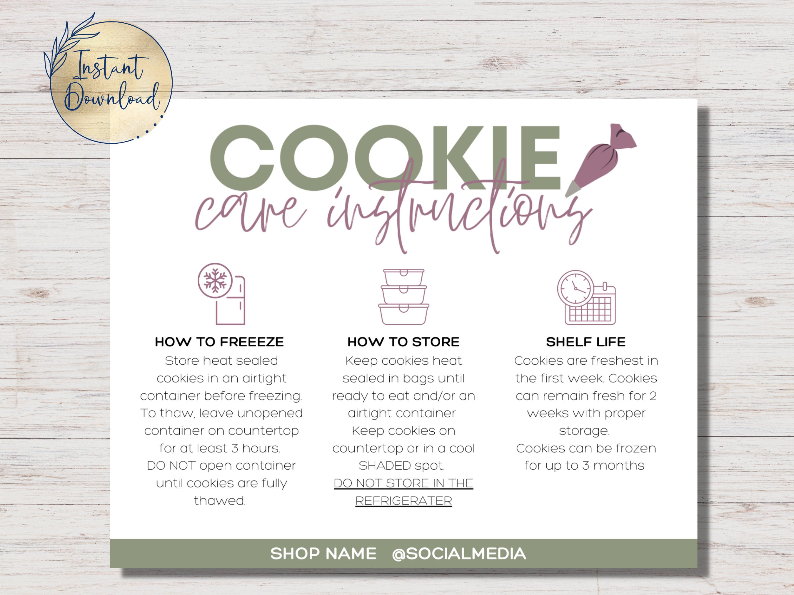 Editable Cookie Care Instructions Template Cookie Storage Card Canva