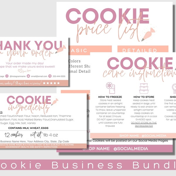 Cookie Business Bundle | Packaging Inserts | Thank You Templates | Cottage Food Labels | Cookie Care Cards | Price List | Canva Templates