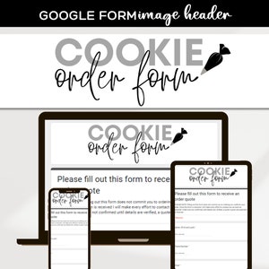 Puede incluir: Una pantalla de ordenador y un teléfono móvil muestran un formulario de pedido de galletas con el texto "COOKIE order form" e instrucciones para rellenar el formulario para recibir un presupuesto.