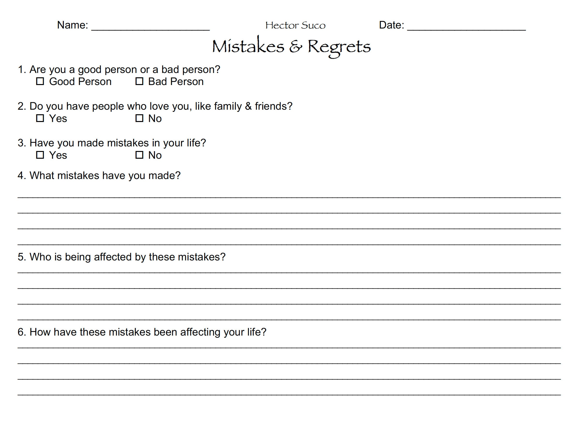 Mistakes & Regrets Worksheet 