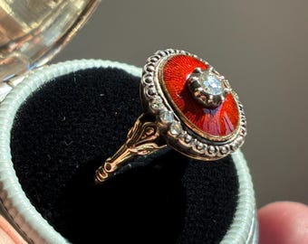 Victorian 10K Gold Diamond Ring: Red Enamel Georgian Revival, Size 6.75