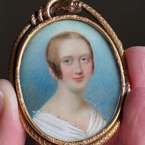 Antique Portrait Miniature Painting of an 1840s Era Blonde/Blue-Eyed Woman with Gilt Intertwining Snake Frame