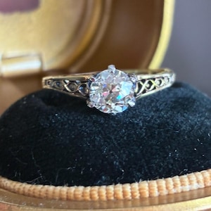 Edwardian Old European Cut Diamant Solitär Ring, 14K Gold Filligran
