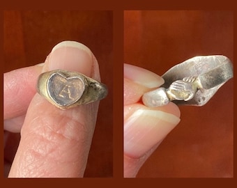 Medieval or Early Renaissance Silver Gilt Heart Betrothal/Wedding Ring Inscribed ‘A’ with Handclasp Fede Motif on Posterior