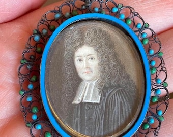 RARE 17th century Handpainted Portrait Miniature of a Clergyman in an Elaborate Wig, c.1690
