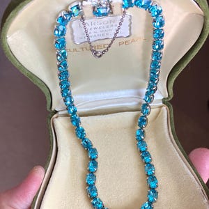 ジョージアン・リバイバル・アールデコ調アクアマリンペーストクリスタル・リヴィエールネックレス 16インチ フローラルボックスクラスプ付き