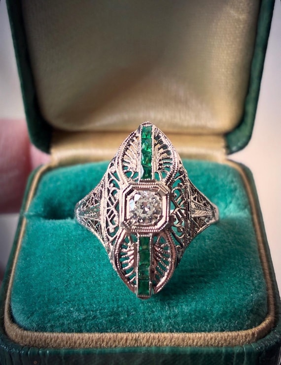 Art Deco Ring, Diamond and French Cut Accent Emeralds, in 18K Die Cast White Gold Dinner or Coctail Statement Ring, Size 8