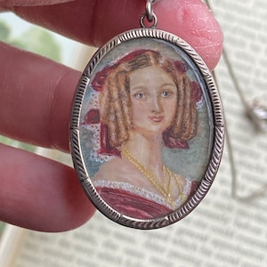 Antique Portrait Miniature of Louise of Orleans, Queen Consort of the Belgians (1812-1850) Set in Silver with Vintage Sterling Chain
