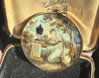 Rare Georgian Double-sided Mourning Pendant, Allegorical Hairwork in Rose Gold Frame with Antique Box