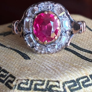 Georgian Revival Antique Ring, Ruby Center with Antique Table Cut Diamond Halo, Size 6.5