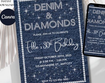 Verjaardagsuitnodiging denim en diamanten, sprankelend feestuitnodiging (canvasjabloon)