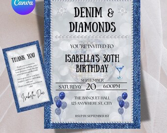 May include: A denim-textured birthday invitation with the text "Denim & Diamonds" and "Isabella's 30th Birthday." Includes a matching thank you card. The invitation features a disco ball graphic and blue balloons.