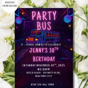 Party Bus Invitation, Digital 30th Birthday Party Invite, Celebration Invite for Her, Editable Downloadable Invitations