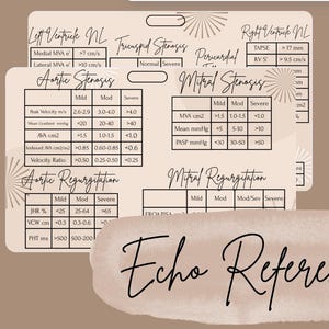 May include: Two beige reference cards with medical information, including "Left Ventricle NL" and "Right Ventricle NL" headings. The cards feature tables detailing aortic and mitral stenosis and regurgitation data. The words "Echo Reference Card" are written in cursive.