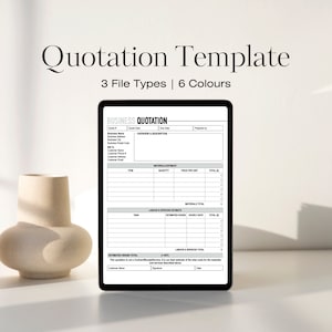 May include: A digital template for a business quotation. The template includes sections for business information, overview and description, materials estimate, labour and services estimate, and estimated grand total. The template is designed to be used for creating professional-looking quotations.
