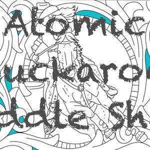 May include: Black and white line art illustration of a cowboy riding a horse. The image is surrounded by a decorative floral border. The text "Atomic Buckaroo Saddle Shop" is written in a distressed font.